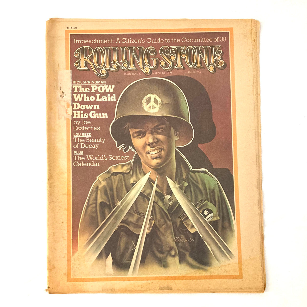 VTG Rolling Stone Magazine March 28 1974 Issue #157 featuring Rick Springman on the cover. The cover illustrates a soldier wearing a peace symbol helmet, highlighting the theme of war and peace during the era.