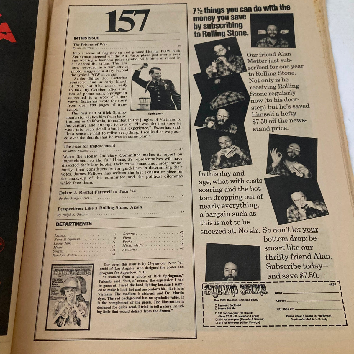 Inside page of the VTG Rolling Stone Magazine March 28 1974 Issue #157, showcasing an article about Rick Springman and other features from the magazine, reflecting the cultural landscape of the 1970s.