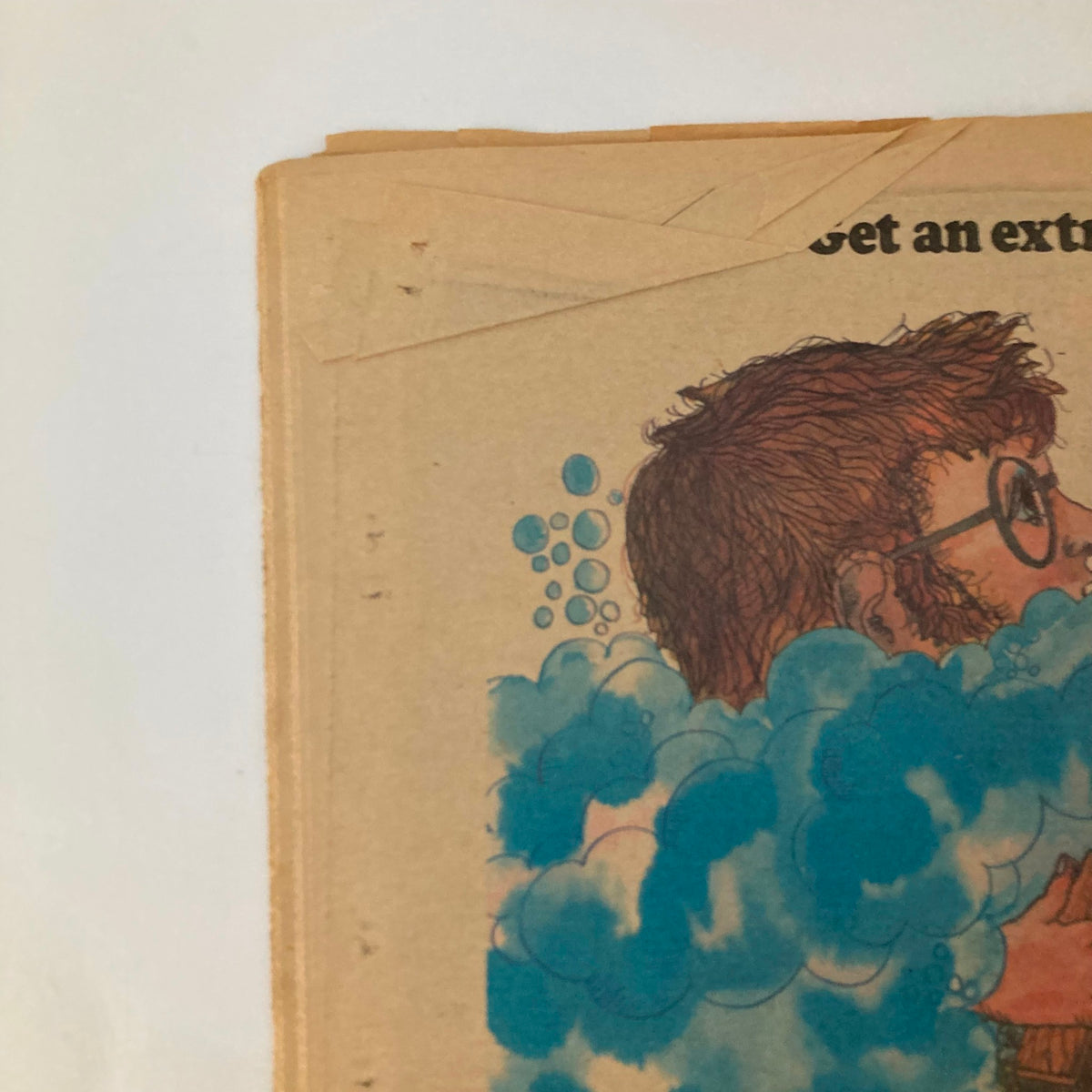 Close-up of the back cover illustration from VTG Rolling Stone Magazine April 25 1974 Issue #159 highlighting a playful scene with a man and a gorilla.