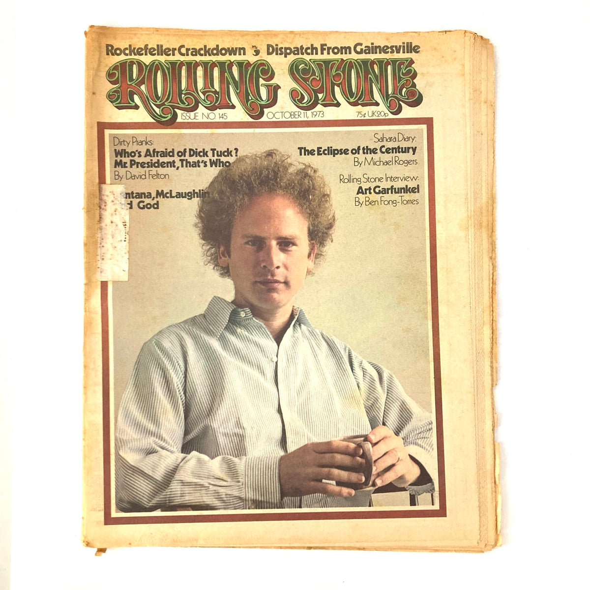 VTG Rolling Stone Magazine October 11 1973 Issue #145 featuring Art Garfunkel on the cover, showcasing iconic vintage music culture.