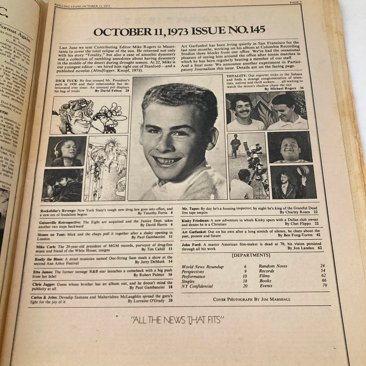 Inside page of VTG Rolling Stone Magazine October 11 1973 Issue #145 revealing articles and illustrations, highlighting music and cultural commentary from the era.