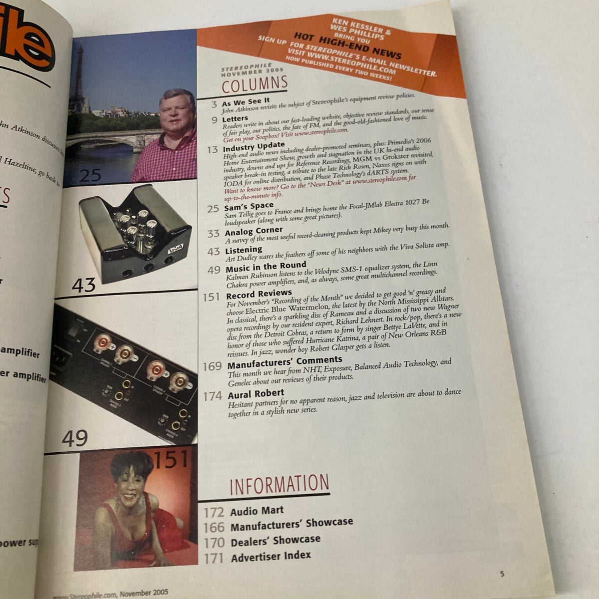 Stereophile Magazine November 2005, showcasing columns and features including industry updates and audio reviews.