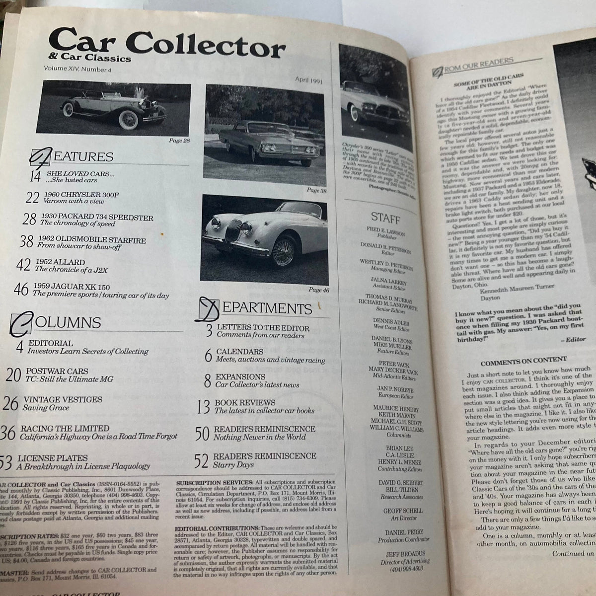 Inside contents page of Car Collector & Car Classics Magazine April 1991, detailing features and articles including the 1960 Chrysler 300F and other classic automobiles.