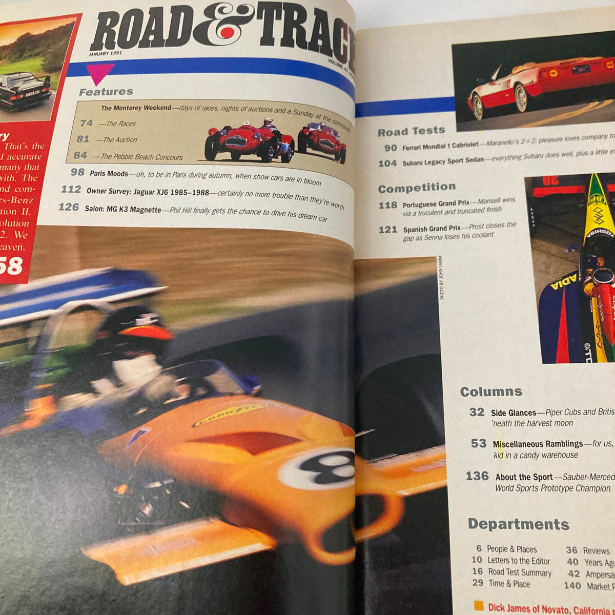 Inside view of Road & Track Magazine January 1991 showcasing features on racing events and car tests, celebrating German Thundercars.