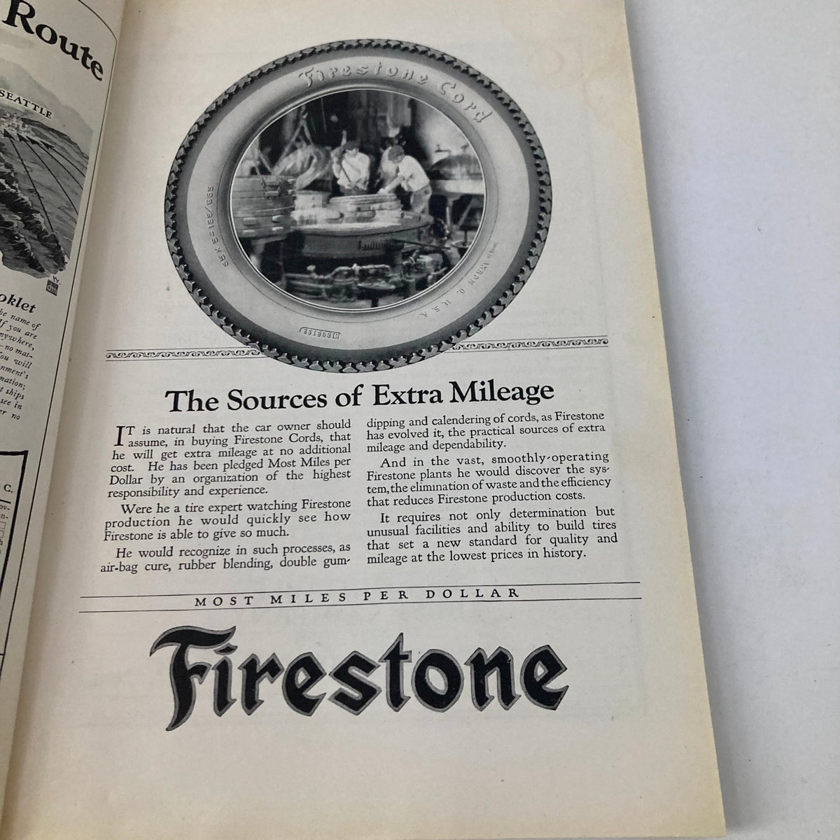 Inside page of VTG The National Geographic Magazine July 1922 showcasing an advertisement for Firestone with the title 'The Sources of Extra Mileage'.