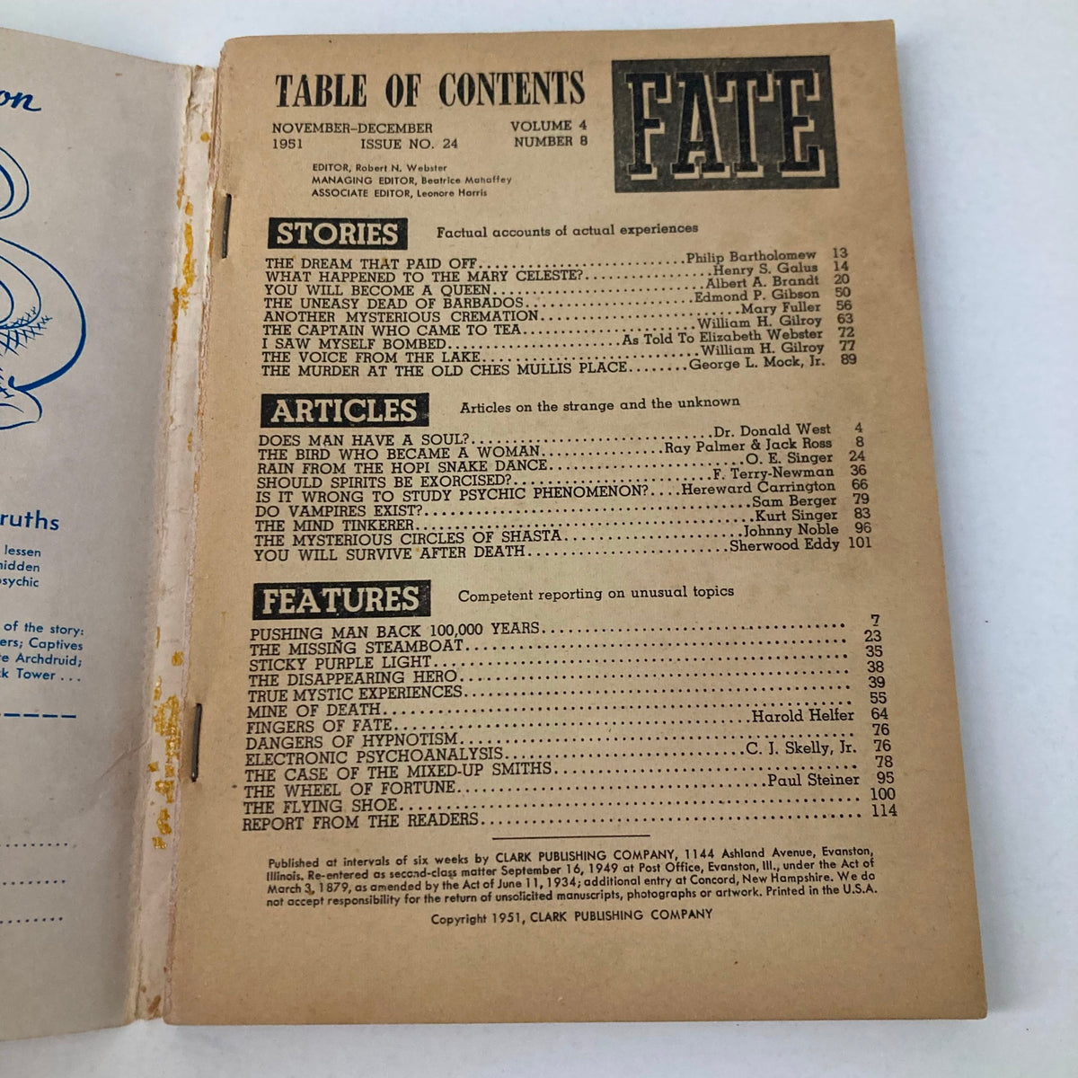 Table of contents of VTG Fate Magazine November 1951 No. 24 displaying article titles and features, reflecting the vintage publication's focus on strange and unusual stories.