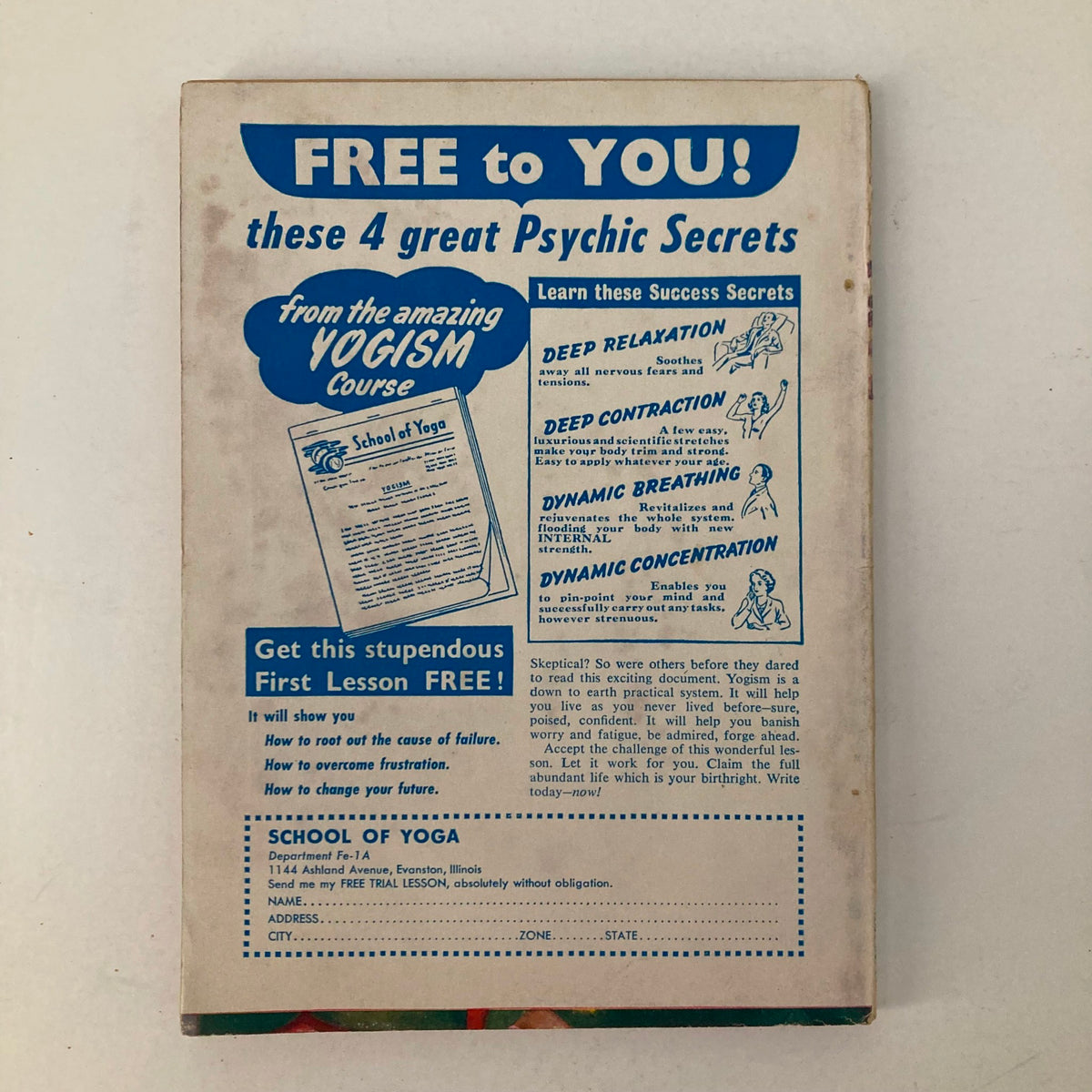 Back cover of the VTG Fate Magazine November 1951 No. 24 featuring an advertisement for a Yoga course with four psychic secrets, promoting wellness practices such as deep relaxation and dynamic breathing.