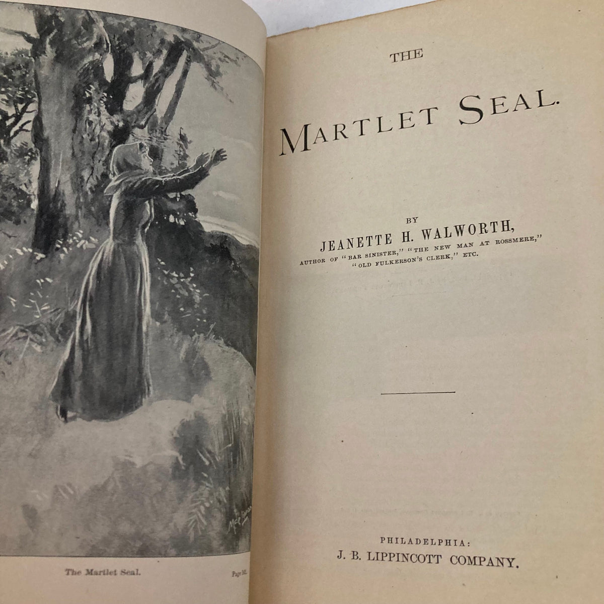 Interior page of 'Lippincott's Magazine' August 1892 presenting the story 'The Martlet Seal' by Jeanette H. Walworth. The illustration alongside the title reflects the artistic expression of the period.