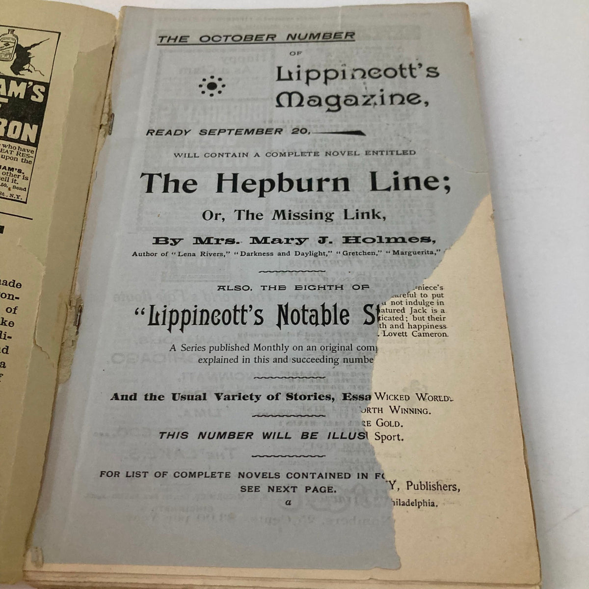 Cover page of Lippincott's Magazine October 1893, featuring the title 'The Hepburn Line; Or, The Missing Link' by Mrs. Mary J. Holmes, highlighting vintage magazine literature from the 19th century.