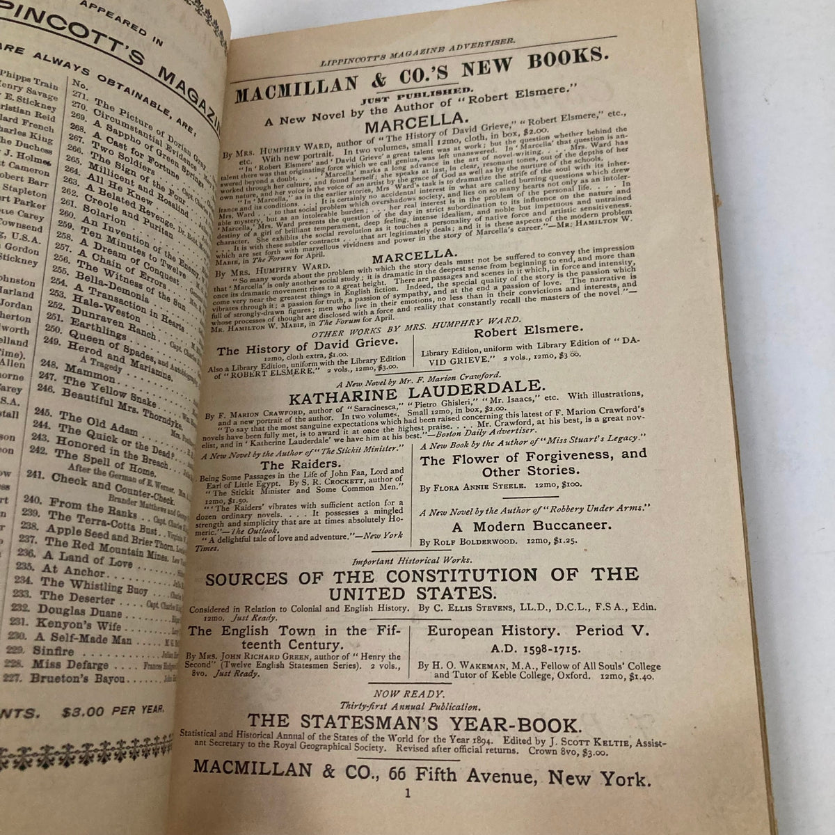 Interior page of Lippincott's Magazine May 1894 featuring advertisements for new books, highlighting 'Marcella' by Robert Elsmere. This vintage magazine illustration offers insight into 19th century literary trends.