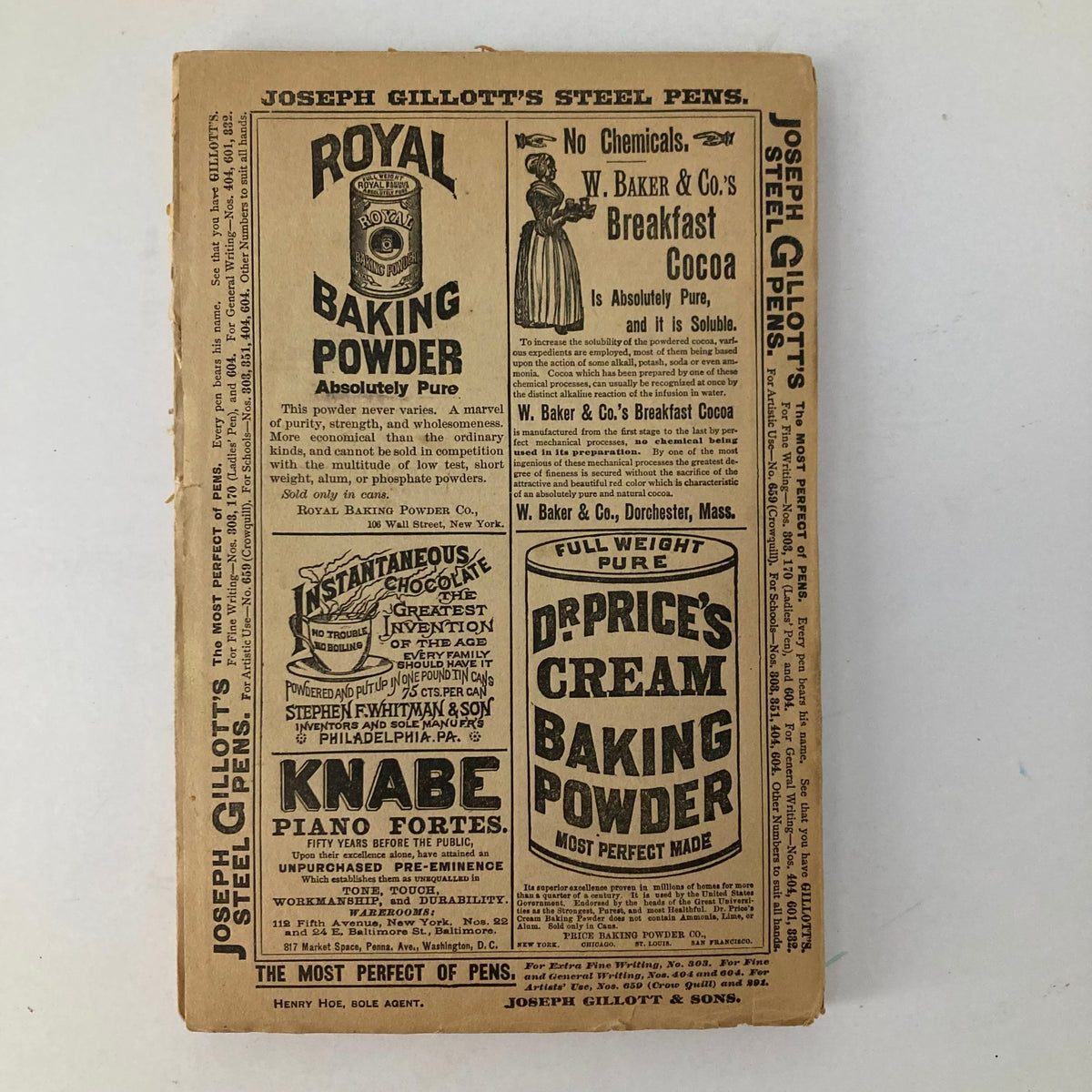 Back cover of Lippincott's Magazine October 1889 displaying advertisements for Joseph Gillott's Steel Pens and various baking powders, reflecting the marketing style of the late 19th century.