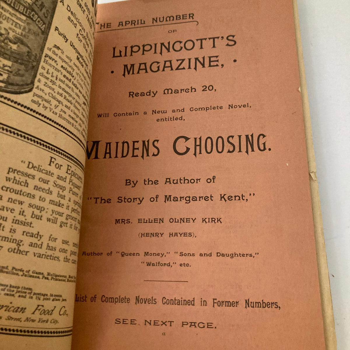 Interior page of Lippincott's Magazine, March 1891, featuring the title 'Maidens Choosing' by Mrs. Ellen Olney Kirk. Highlighting the magazine's literary content from a historical perspective.