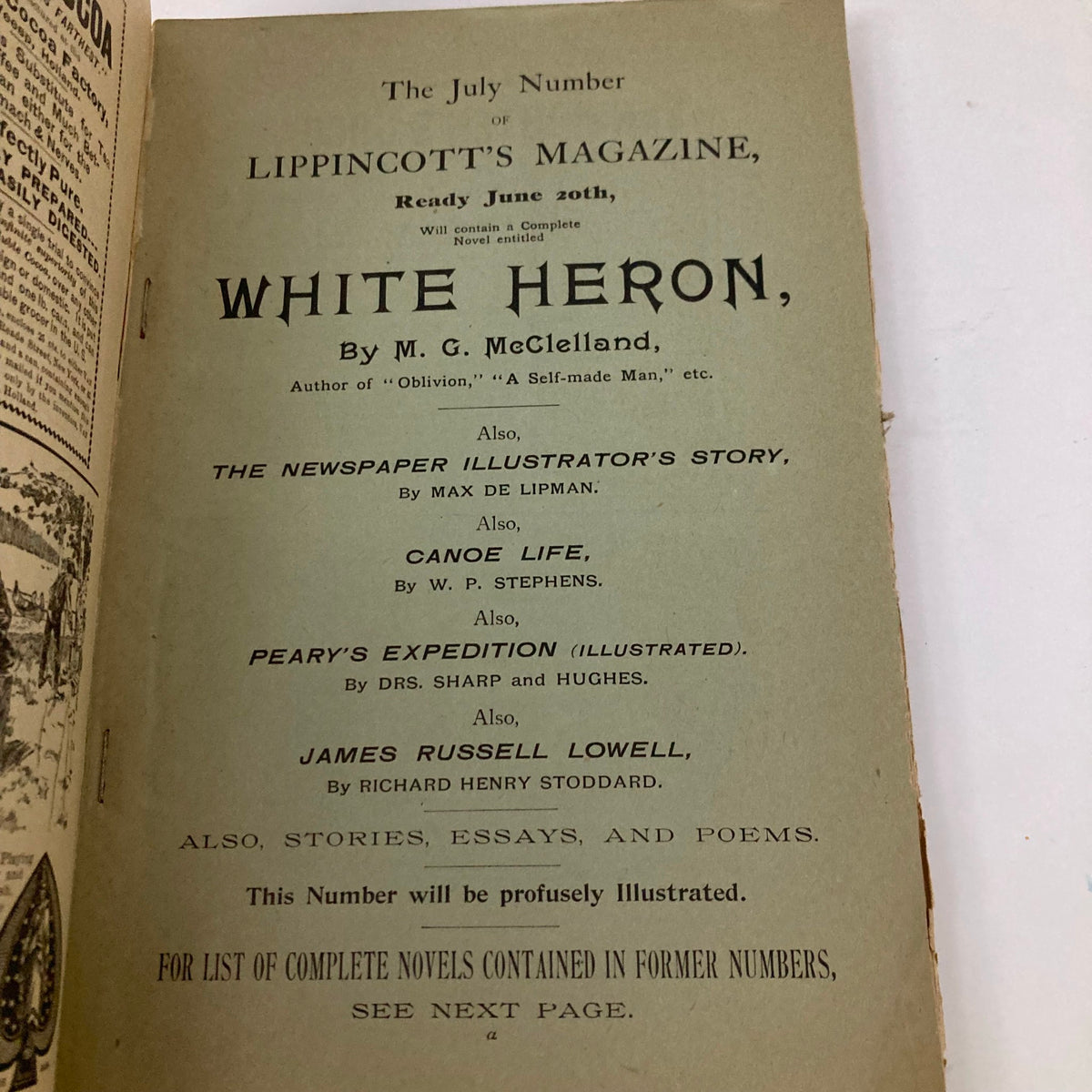 Image from VTG Lippincott's Magazine June 1892 featuring an editorial page listing articles including 'White Heron' by M. G. McClelland. A valuable collectible from the late 19th century.