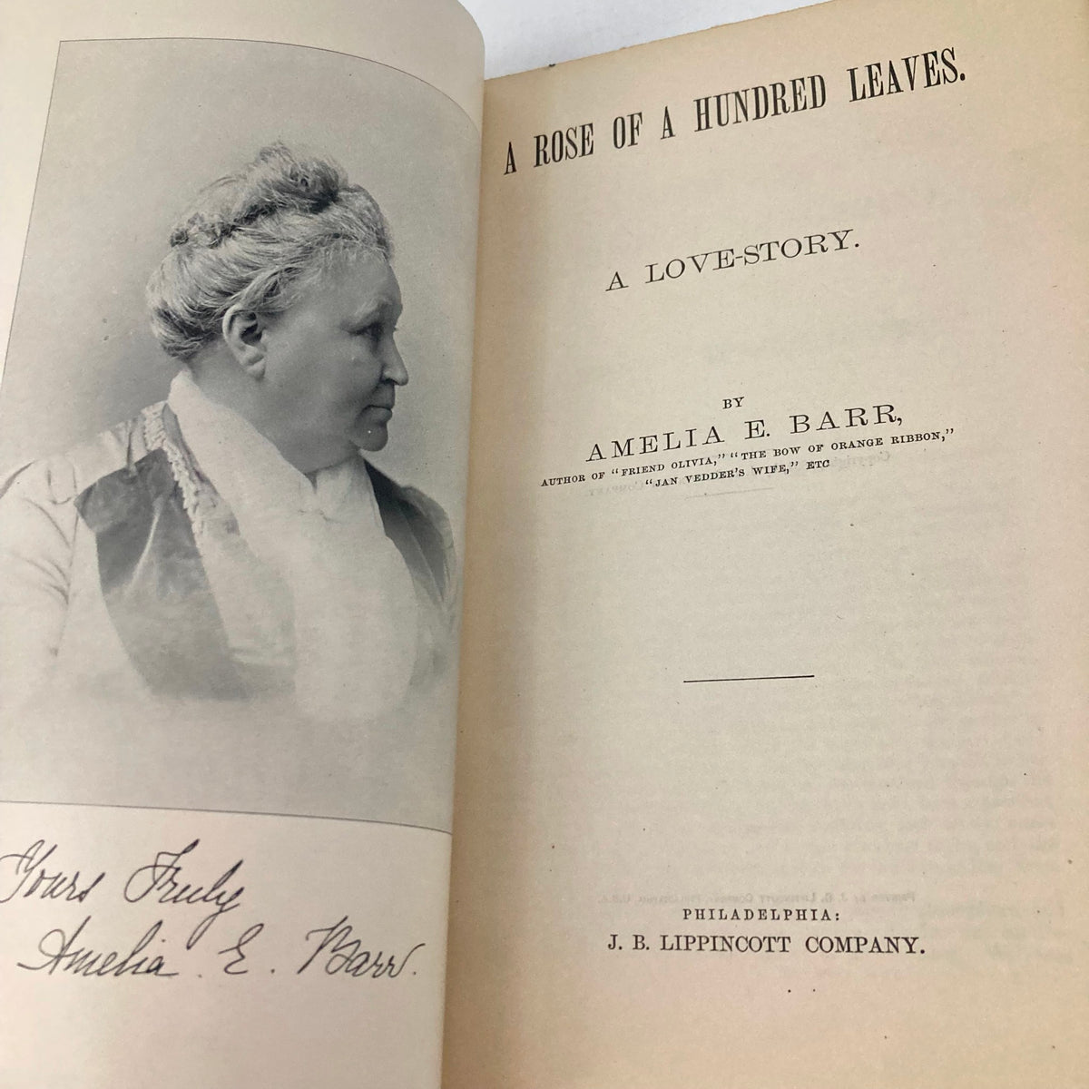 Interior page of Lippincott's Magazine July 1891, featuring 'A Rose of a Hundred Leaves,' along with a photograph of author Amelia E. Barr.