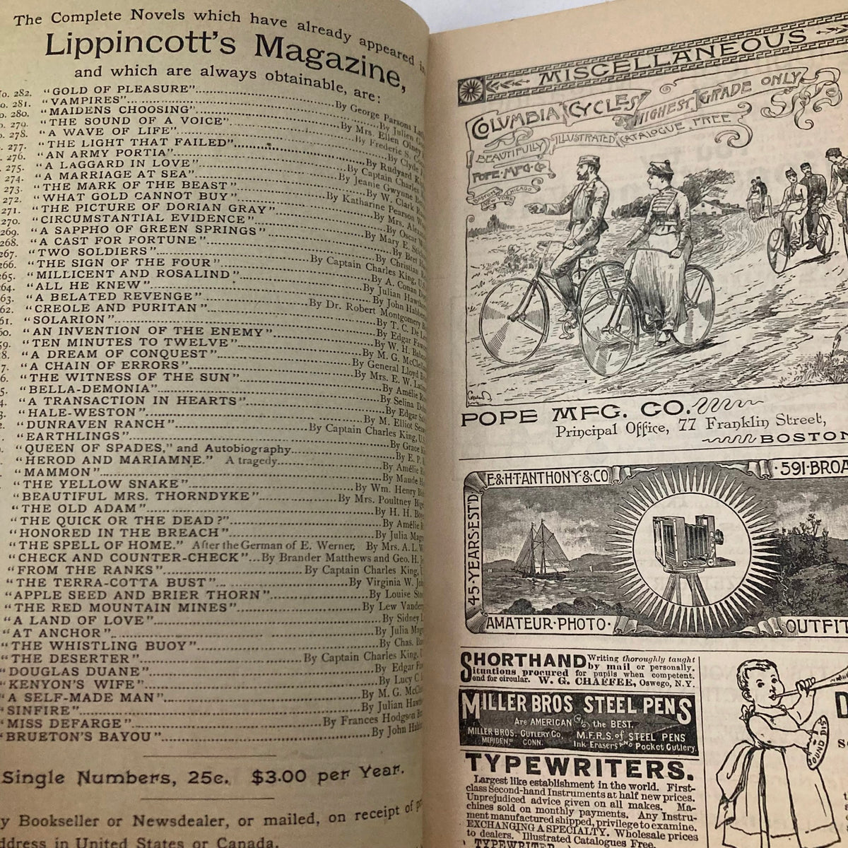 Interior page of VTG Lippincott's Magazine June 1891, featuring the table of contents and illustrations, highlighting the story 'Gold of Pleasure' by George Lathrop, embodying vintage literary charm.