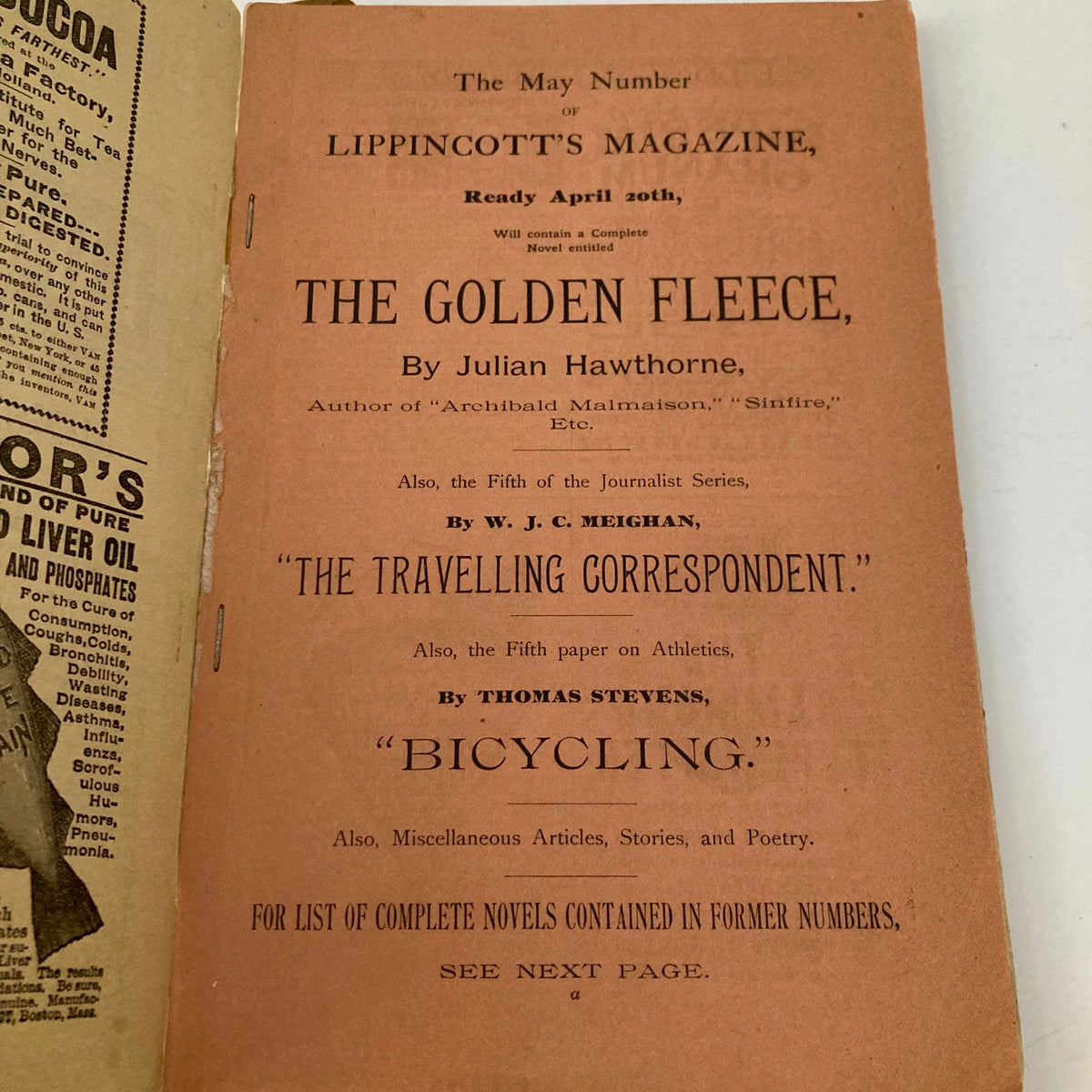 Interior page of Lippincott's Magazine April 1892, featuring articles including 'The Golden Fleece' by Julian Hawthorne and discussions on bicycling, showcasing vintage literary design.