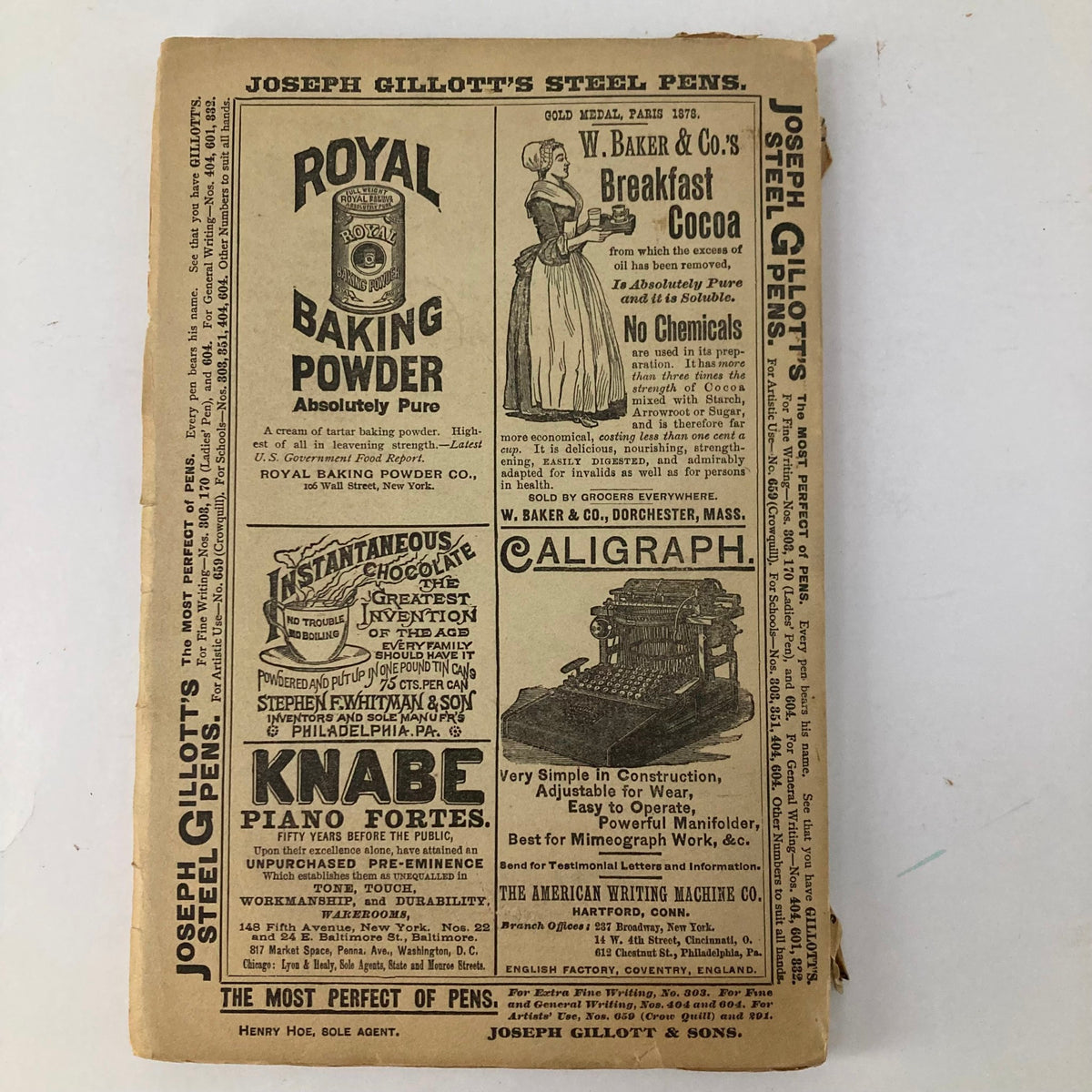 Vintage advertisements from Lippincott's Magazine, April 1892 edition titled 'But Men Must Work'. Includes promotions for Royal Baking Powder, W. Baker & Co.'s Cocoa, and Joseph Gillott's Steel Pens.