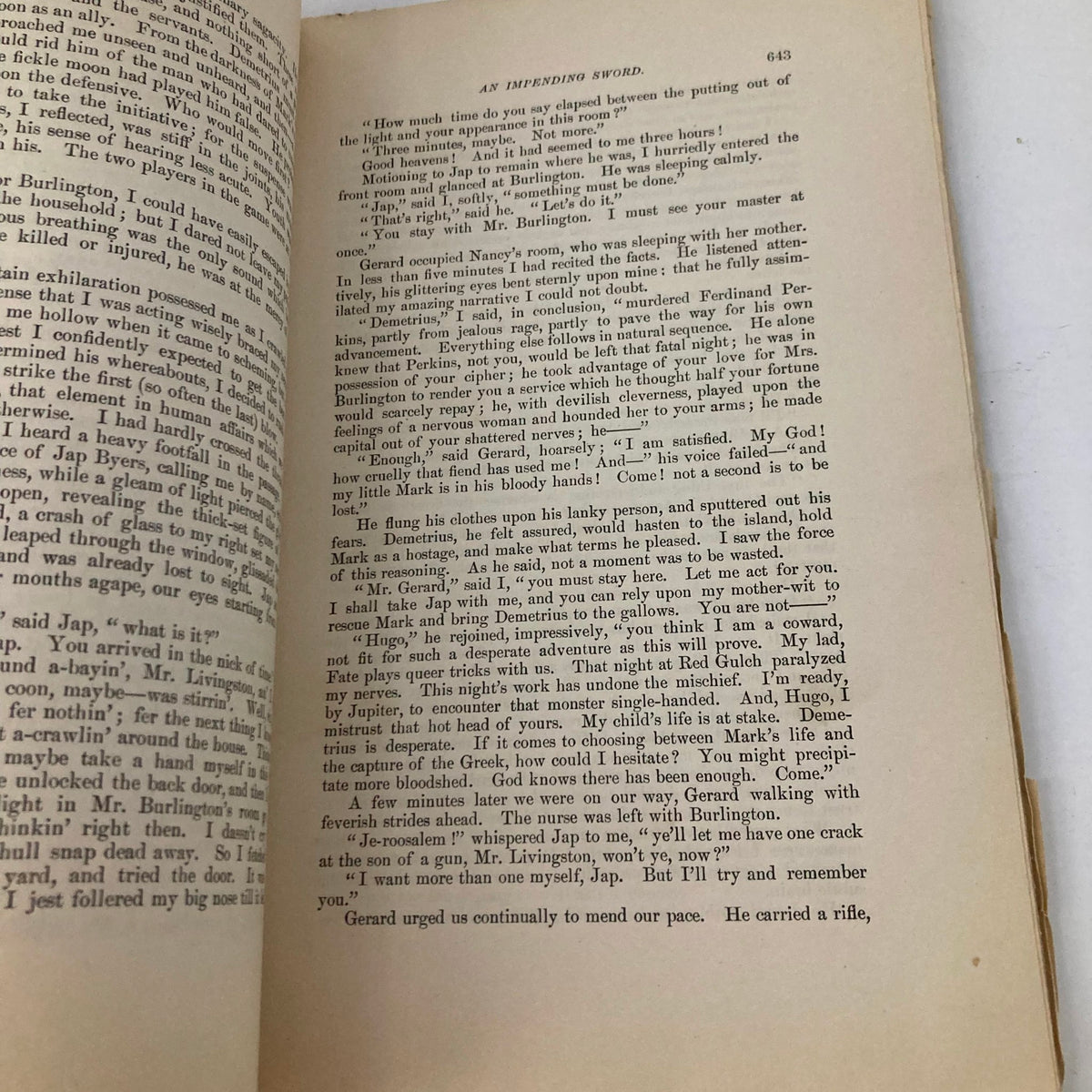 Excerpt from the story 'An Impending Sword' in VTG Lippincott's Magazine May 1896, showcasing vintage 19th-century literature.