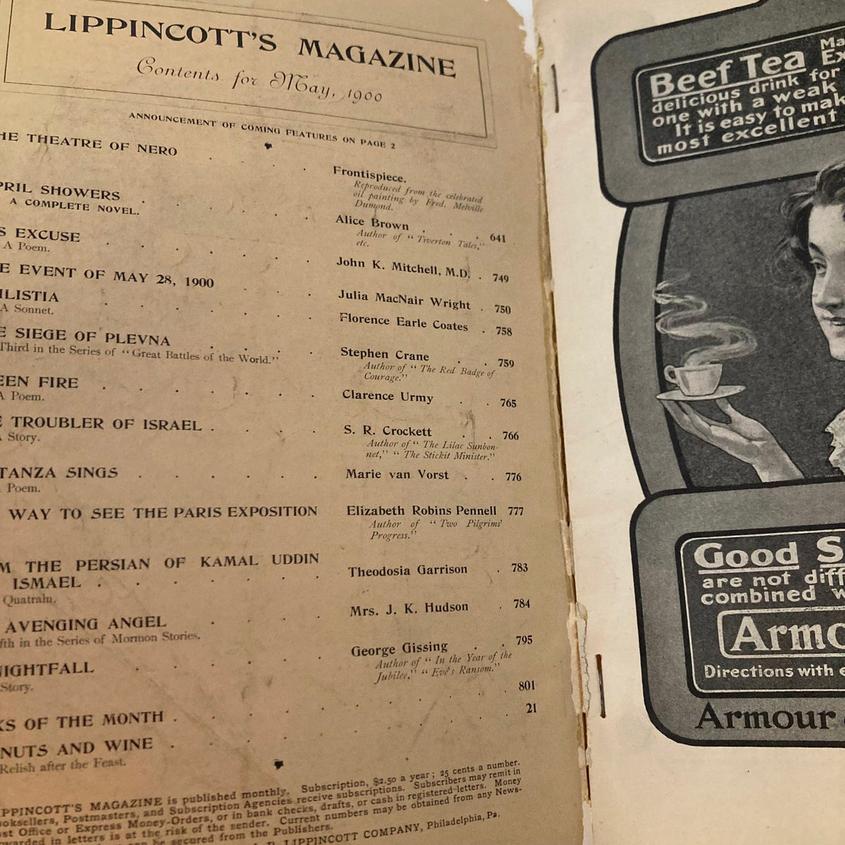 Inside view of VTG Lippincott's Magazine May 1900, showcasing the table of contents with articles and illustrations.