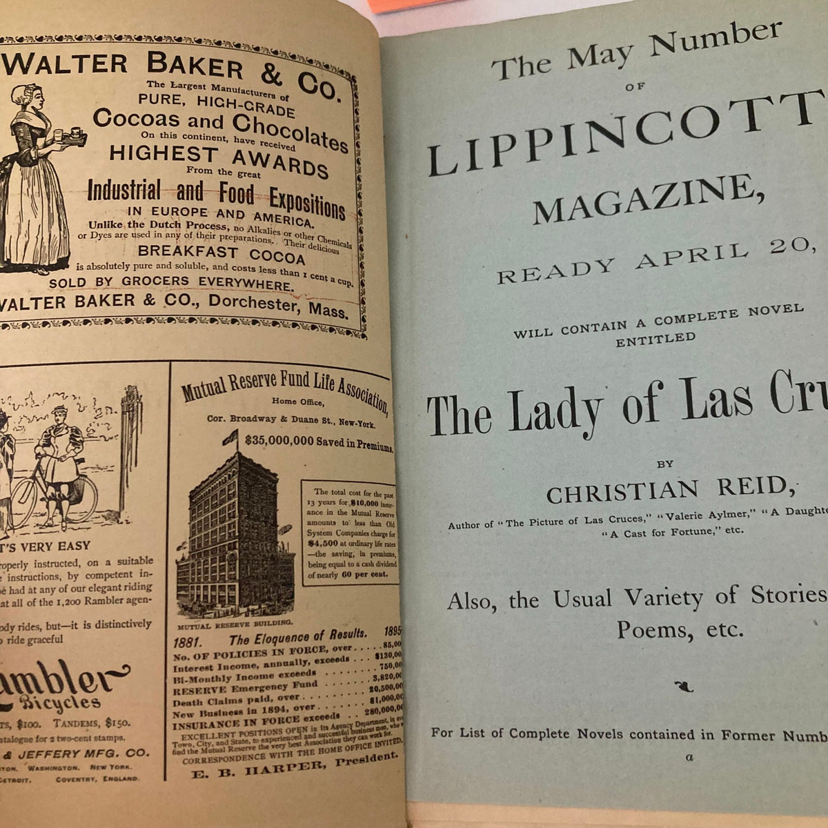 Inside view of the May 1895 issue of Lippincott's Magazine, featuring advertisements and text, highlighting its historical significance in American literature.