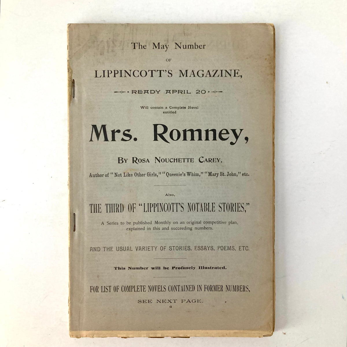Cover page of VTG Lippincott's Magazine April 1893 featuring 'Mrs. Romney' by Rosa Nouchette Carey. The magazine showcases details about literary works and features prominent stories from the era.