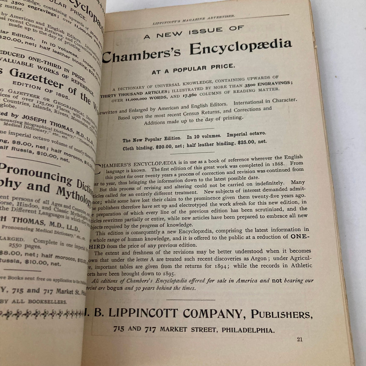 Interior page of VTG Lippincott's Magazine September 1896 displaying an advertisement for a new issue of Chambers's Encyclopaedia with details on its content and pricing.