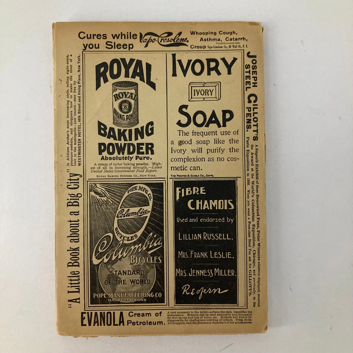 Back cover of VTG Lippincott's Magazine September 1896 showcasing vintage advertisements including Royal Baking Powder and Ivory Soap, reflecting late 19th-century marketing styles.