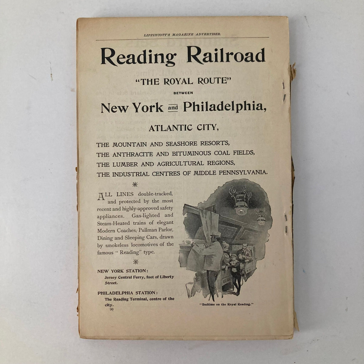 Cover page of VTG Lippincott's Magazine 1897 showing a rail advertisement for 'The Royal Route' between New York and Philadelphia, part of the thirteenth annual announcement.