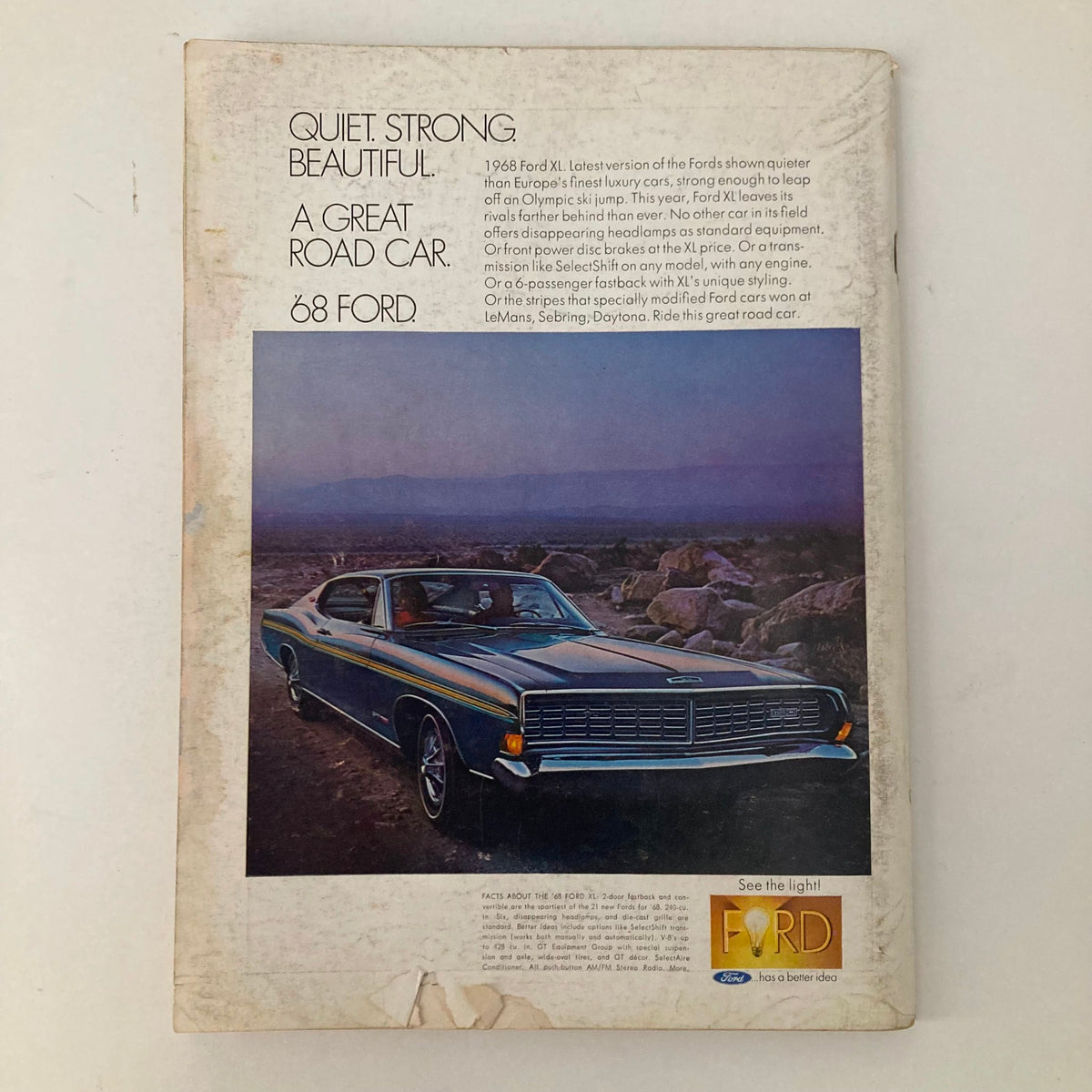 Back cover of the VTG Playboy Magazine June 1968 featuring Jennie Wallace, showcasing an advertisement for the 1968 Ford XL with a scenic background.