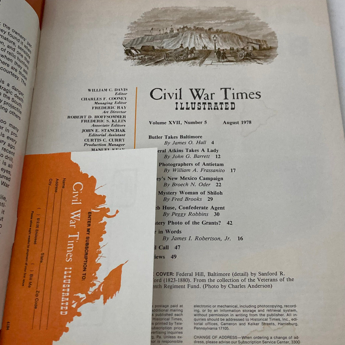 Interior page of Civil War Times Illustrated Magazine August 1978 featuring articles and illustrations related to Federal Hill Baltimore, Volume XVII, Number 5.