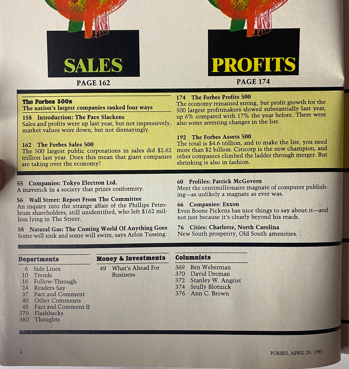 Interior page of Forbes Magazine, April 29, 1985, presenting key sections on sales and profits within The Forbes 500 Annual Directory, detailing economic insights and corporate rankings.