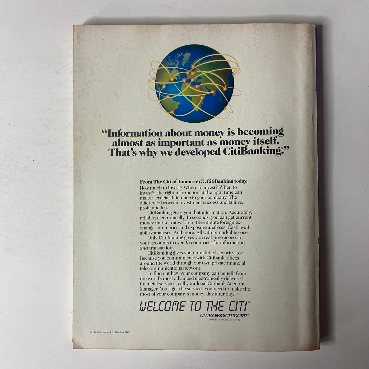 Back cover of Forbes Magazine April 29, 1985, presenting an advertisement for CitiBanking with a quote about the importance of financial information in corporate success.