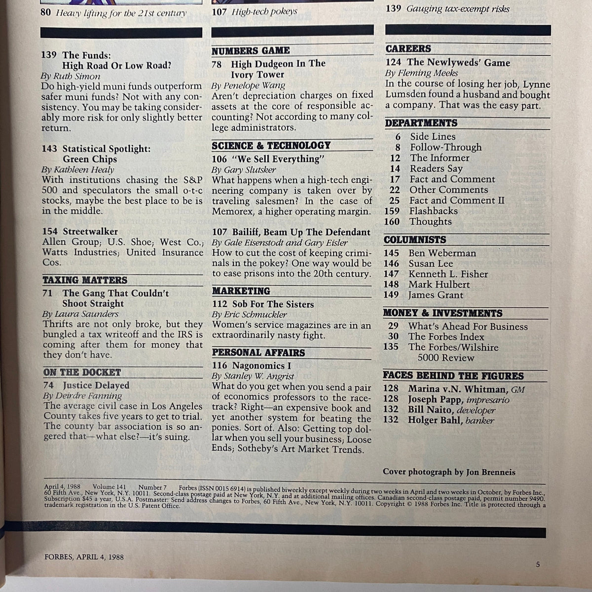 Forbes Magazine April 4, 1988, contents page showcasing articles on finance, technology, and tax matters including Carver Mead's vision in technology.