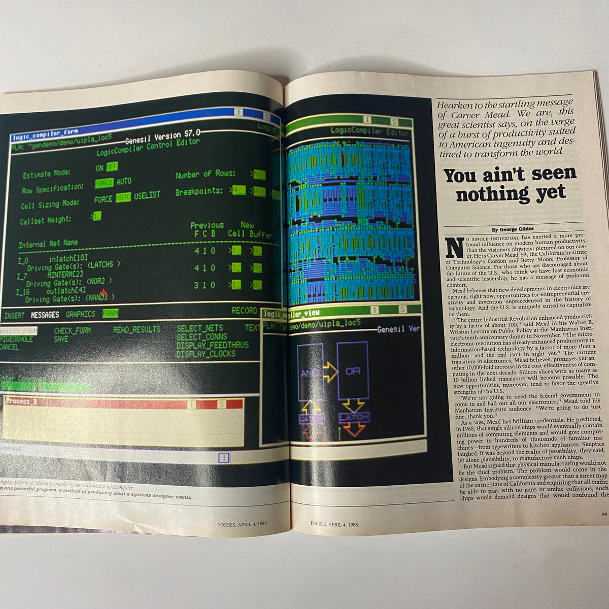 Forbes Magazine April 4, 1988, featuring an article titled 'You Ain't Seen Nothing Yet,' discussing Carver Mead's insights on productivity and technology.
