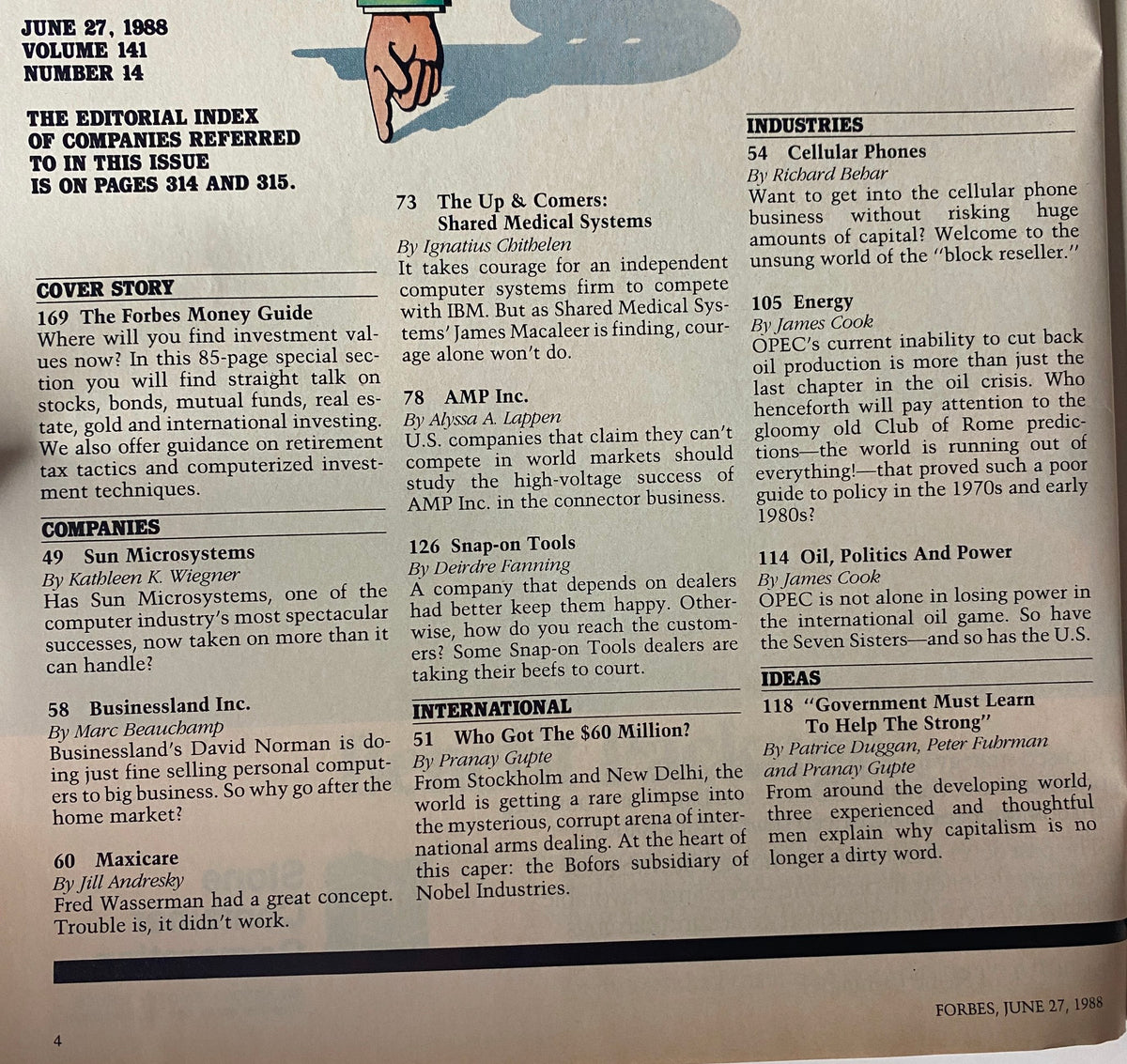 Interior page from Forbes Magazine, June 27, 1988, listing the editorial index and contents, highlighting major articles on investment strategies, including the cover story 'The Forbes Money Guide'.