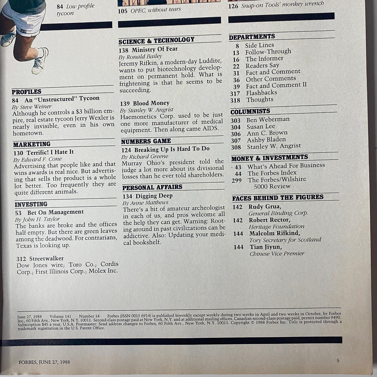 Forbes Magazine June 27, 1988, interior page showcasing various article sections including profiles, marketing, investing, and personal affairs, highlighting investment strategies and economic insights.