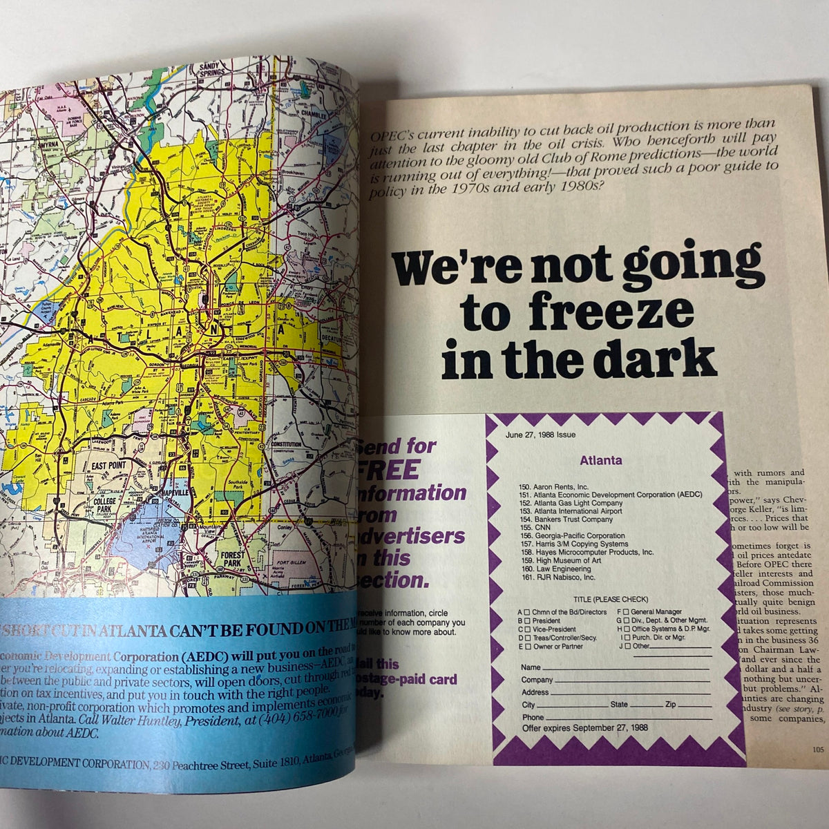 Forbes Magazine June 27, 1988, featuring an article on OPEC's oil production crisis alongside a map of Atlanta, illustrating the business landscape during the late 80s.