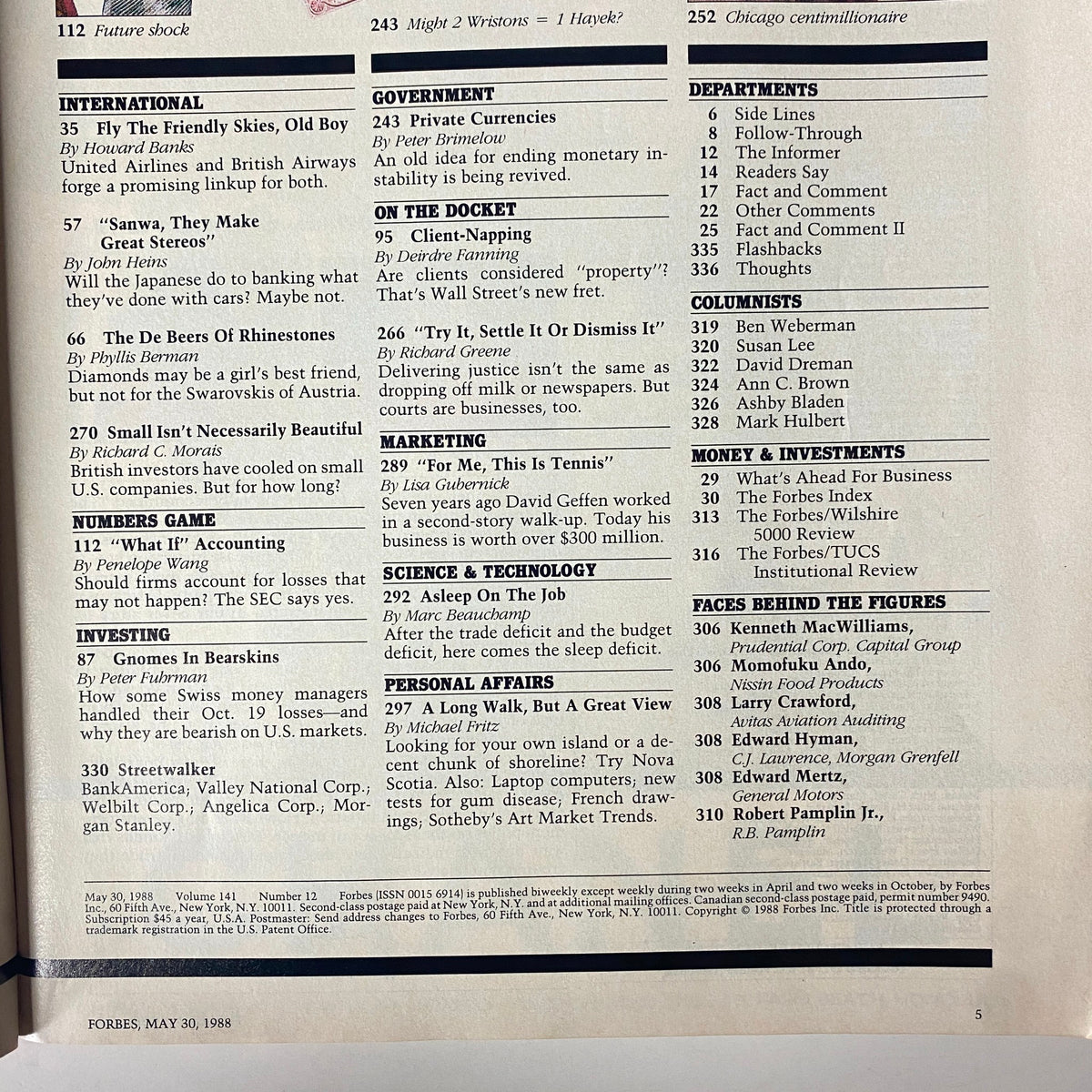Inside page of Forbes Magazine dated May 30, 1988, showcasing various articles including corporate insights and profiles of influential executives.