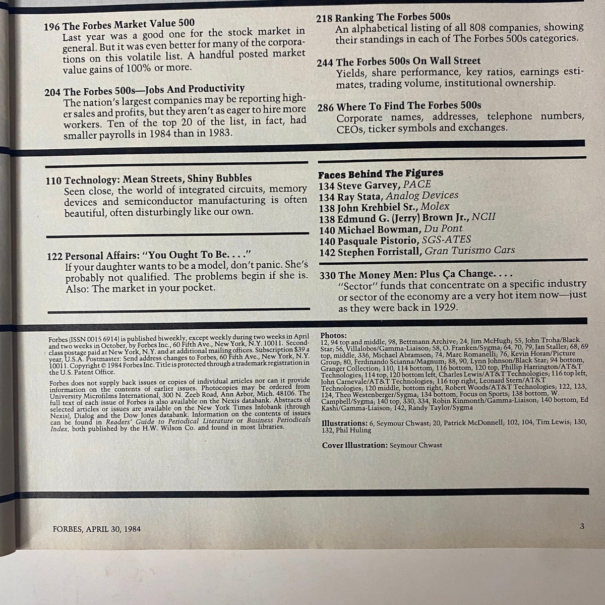 Interior page of Forbes Magazine April 30, 1984, showcasing various articles including technology trends, personal affairs, and economic insights from the era.
