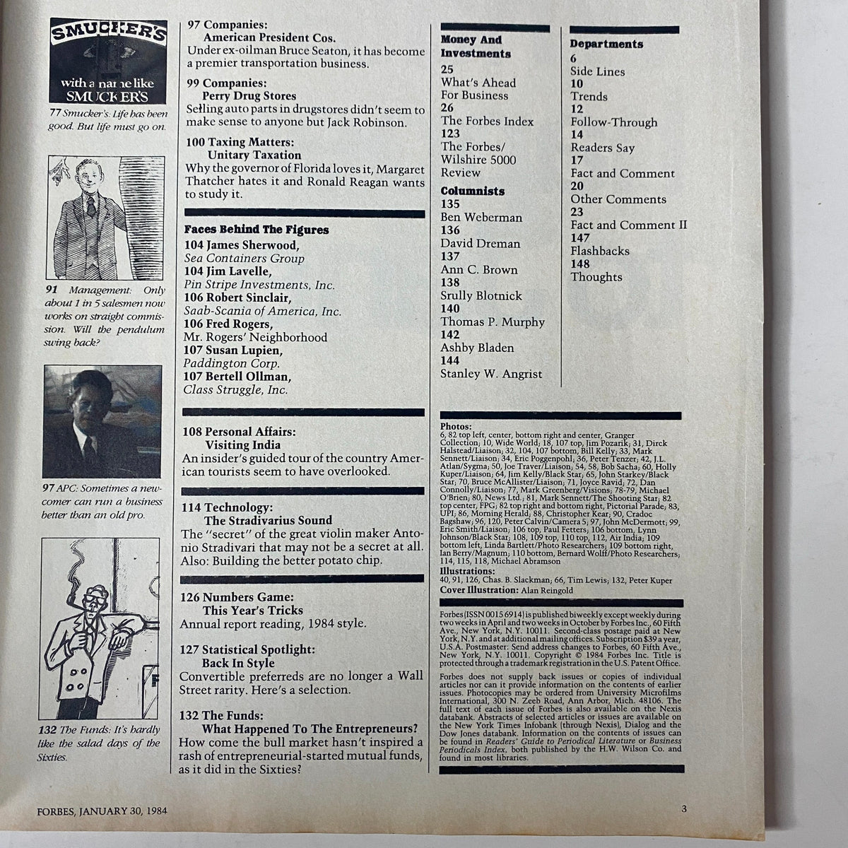 Second interior page of Forbes Magazine, January 30, 1984, displaying additional articles and a summary of features focused on major business and media developments.