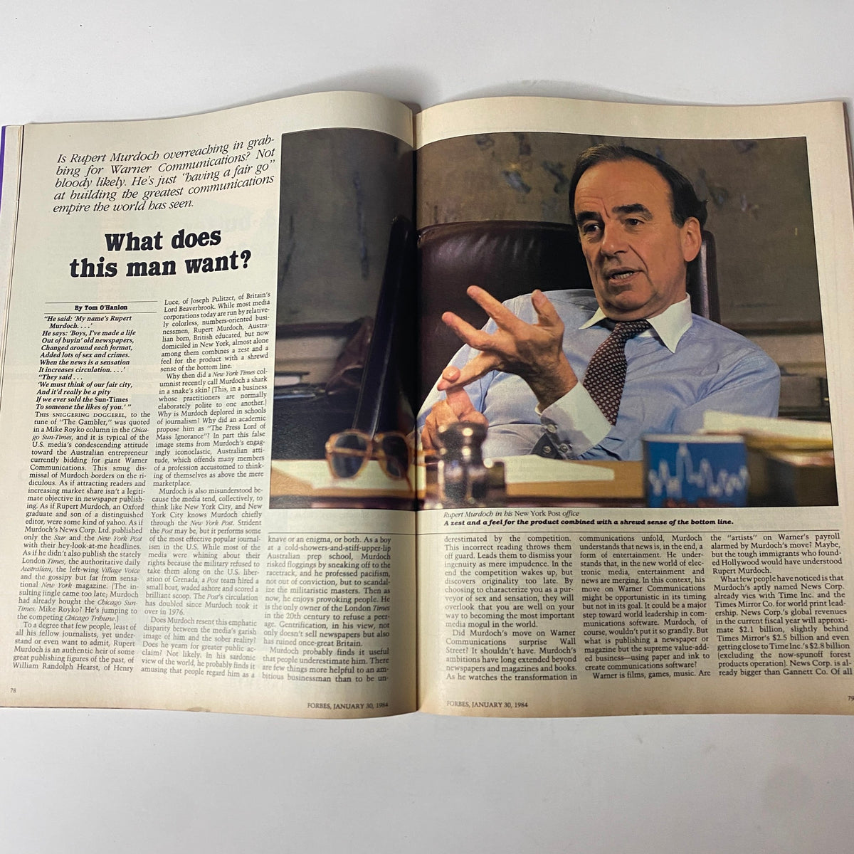 Interior page of Forbes Magazine dated January 30, 1984 featuring Rupert Murdoch with a detailed article discussing his influence on American media titled 'What's His Game?'. The image captures Murdoch in a contemplative pose at his New York office.