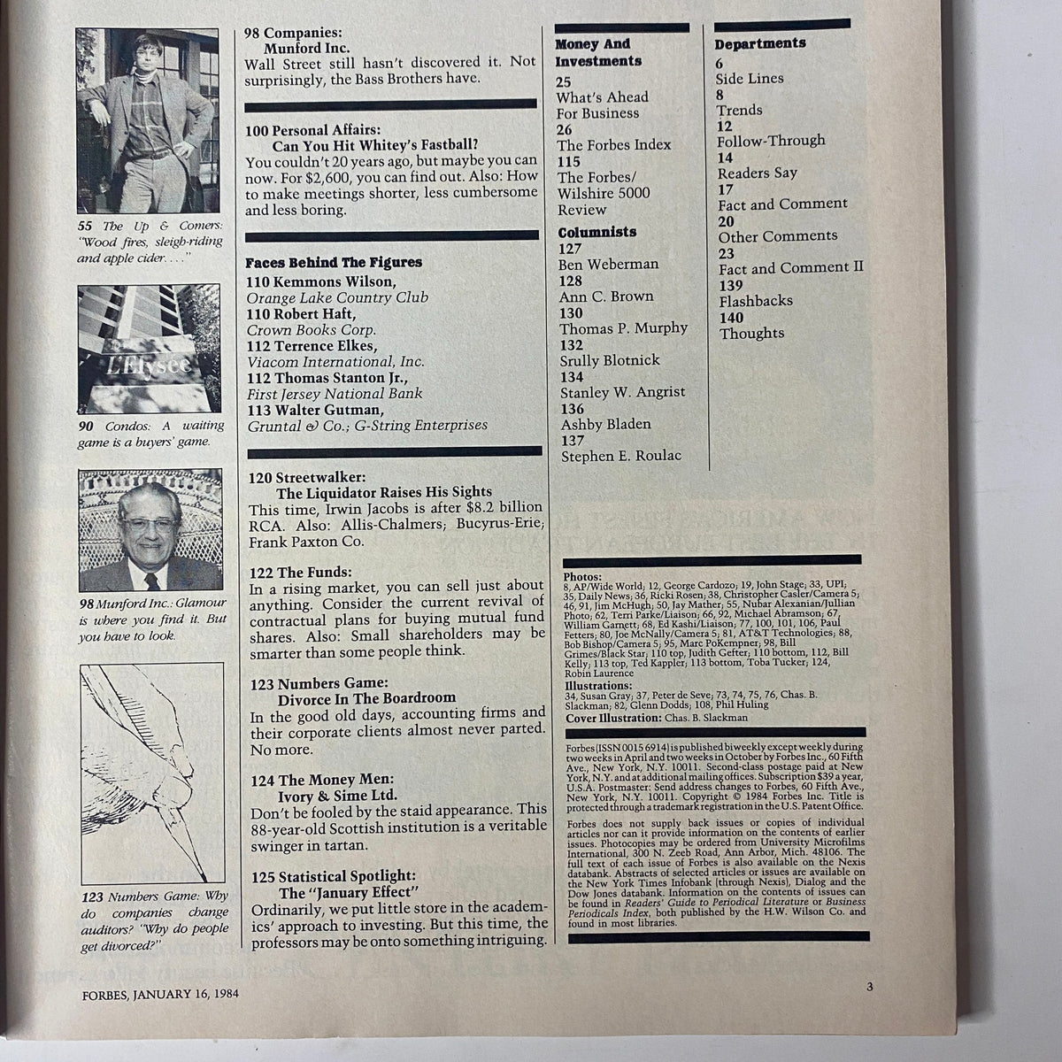 Another interior page from Forbes Magazine January 16, 1984, featuring a variety of company articles, continuing the theme of legal and economic topics.