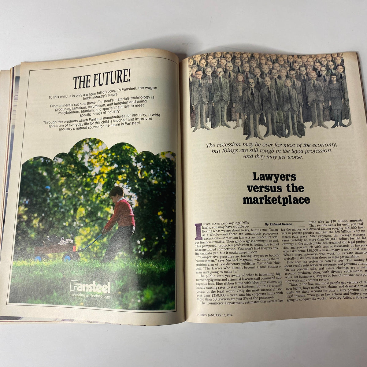 An interior page of Forbes Magazine January 16, 1984, discussing the tough conditions facing lawyers in the marketplace with an accompanying visual element.
