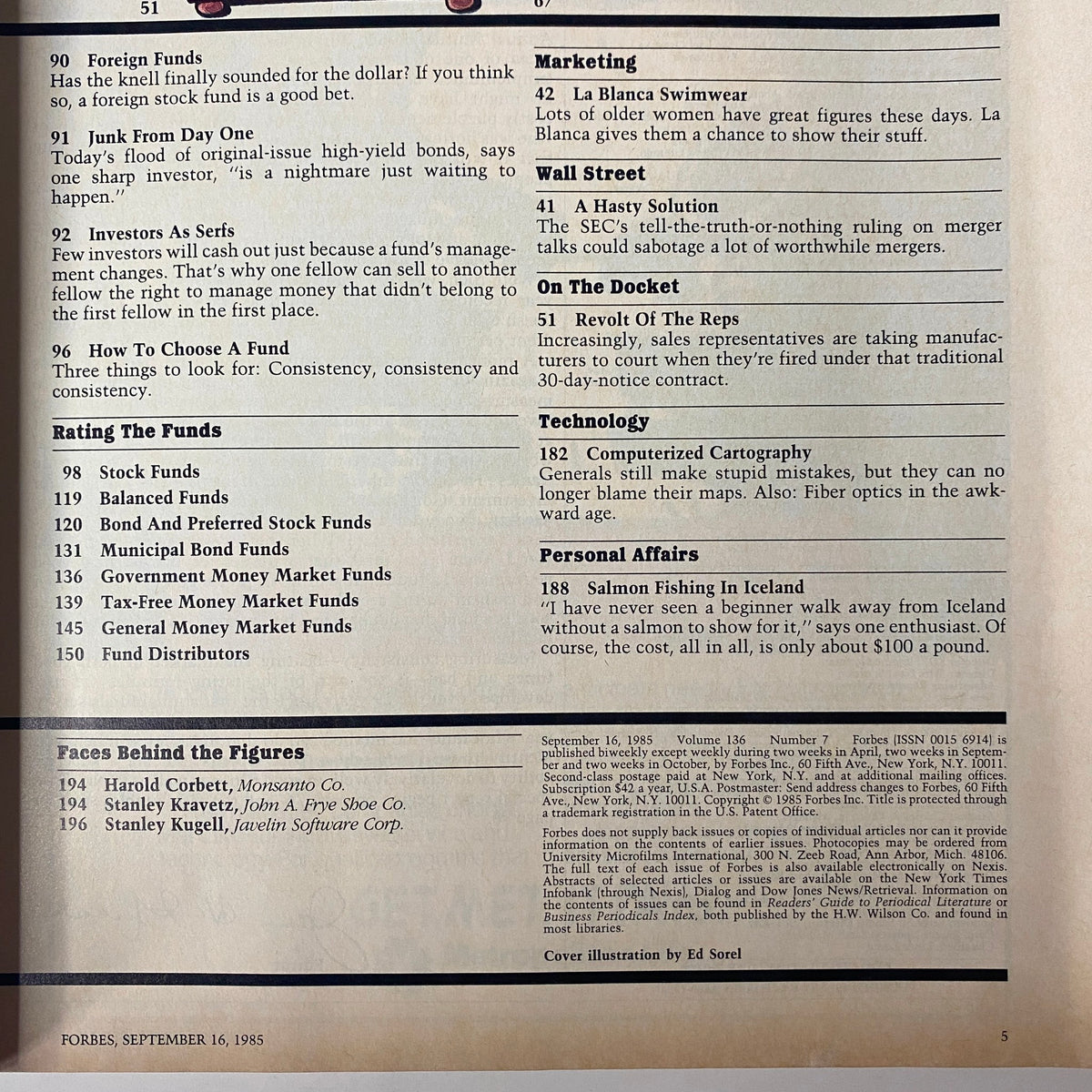 Another page from Forbes Magazine September 16, 1985, listing various fund types and investment strategies in the context of the Annual Mutual Funds Survey.