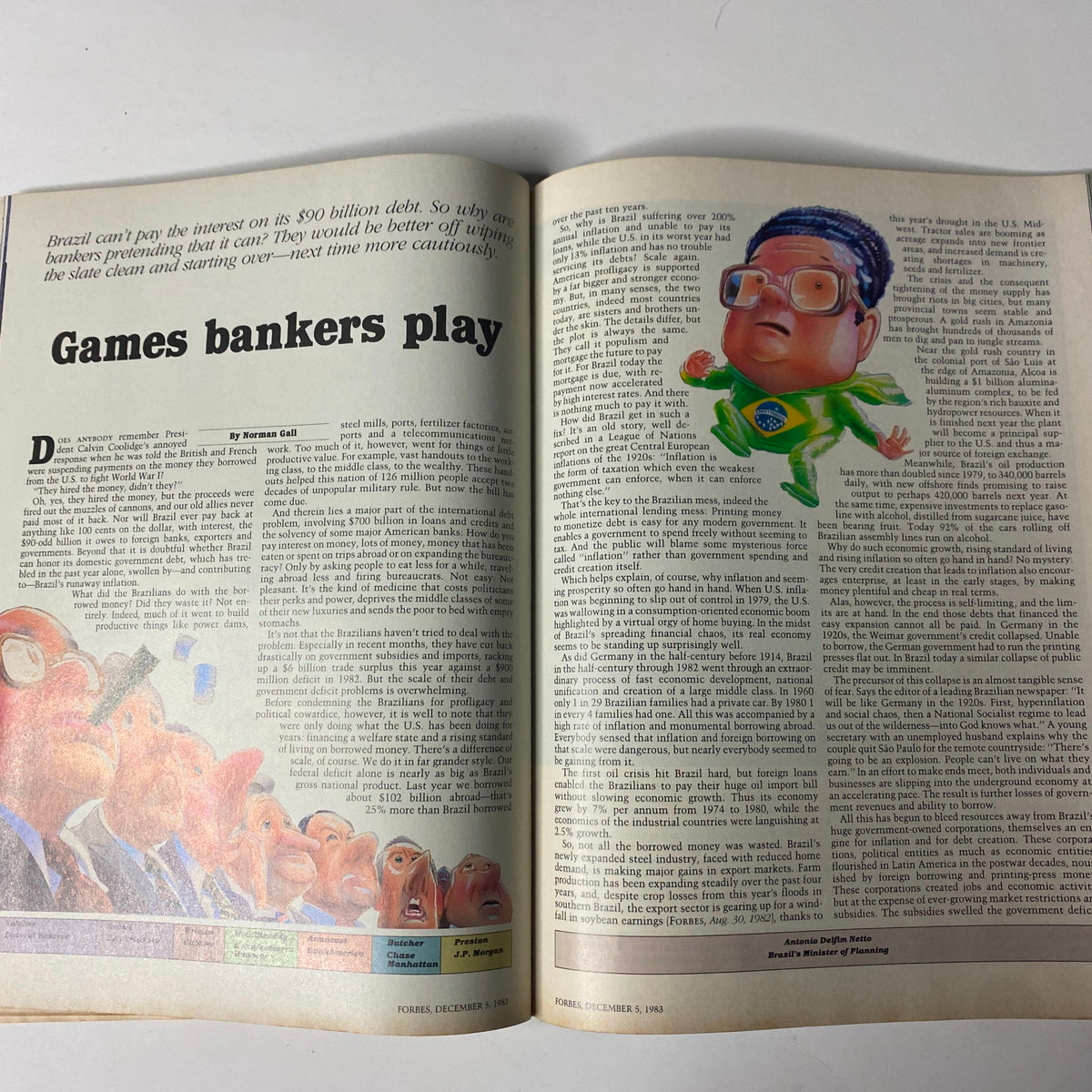 Page from Forbes Magazine December 5, 1983, featuring an article about Brazil's financial situation with an illustration emphasizing the banking sector.