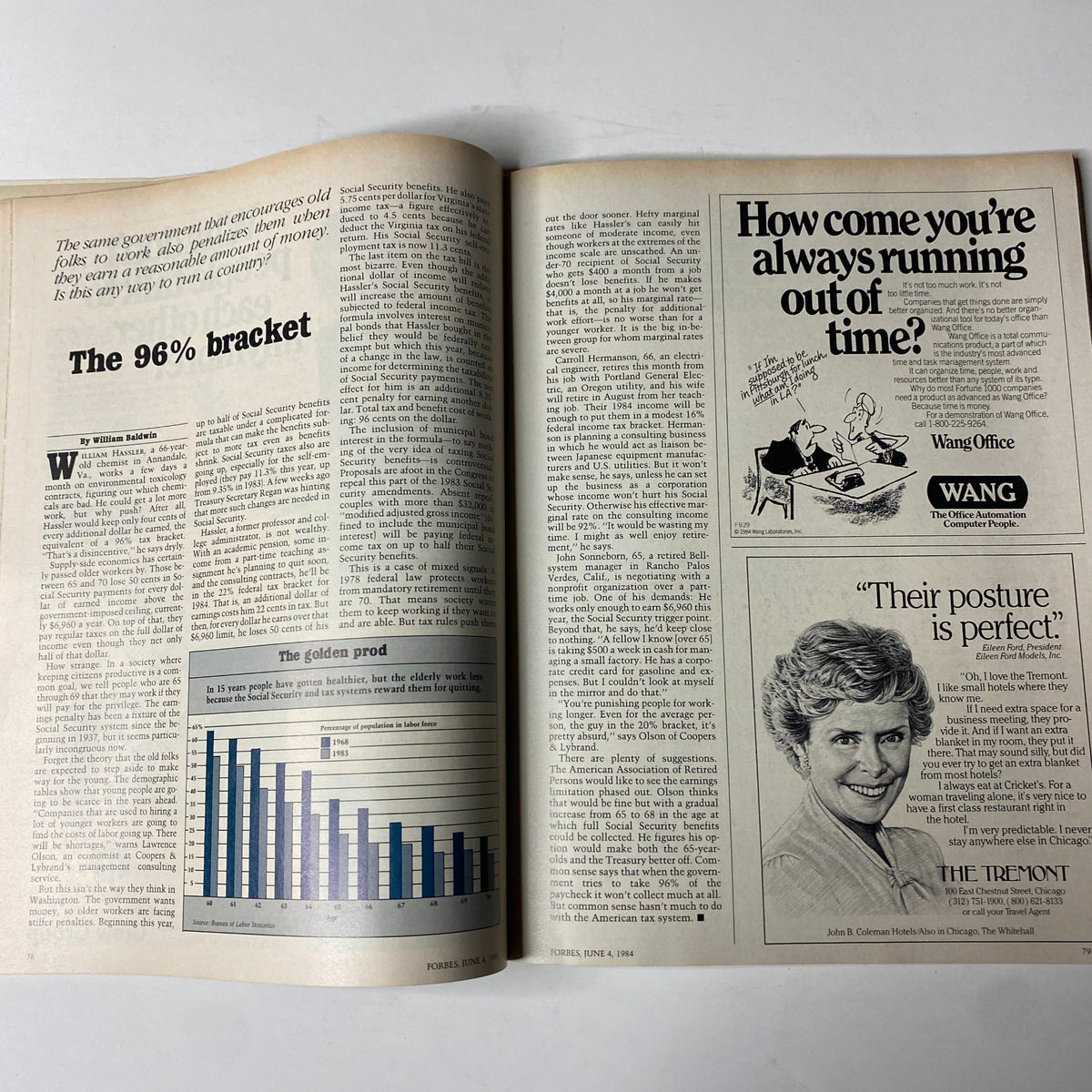 An interior spread from Forbes Magazine June 4, 1984, showcasing an article titled 'The 96% bracket' accompanied by visual data representations.