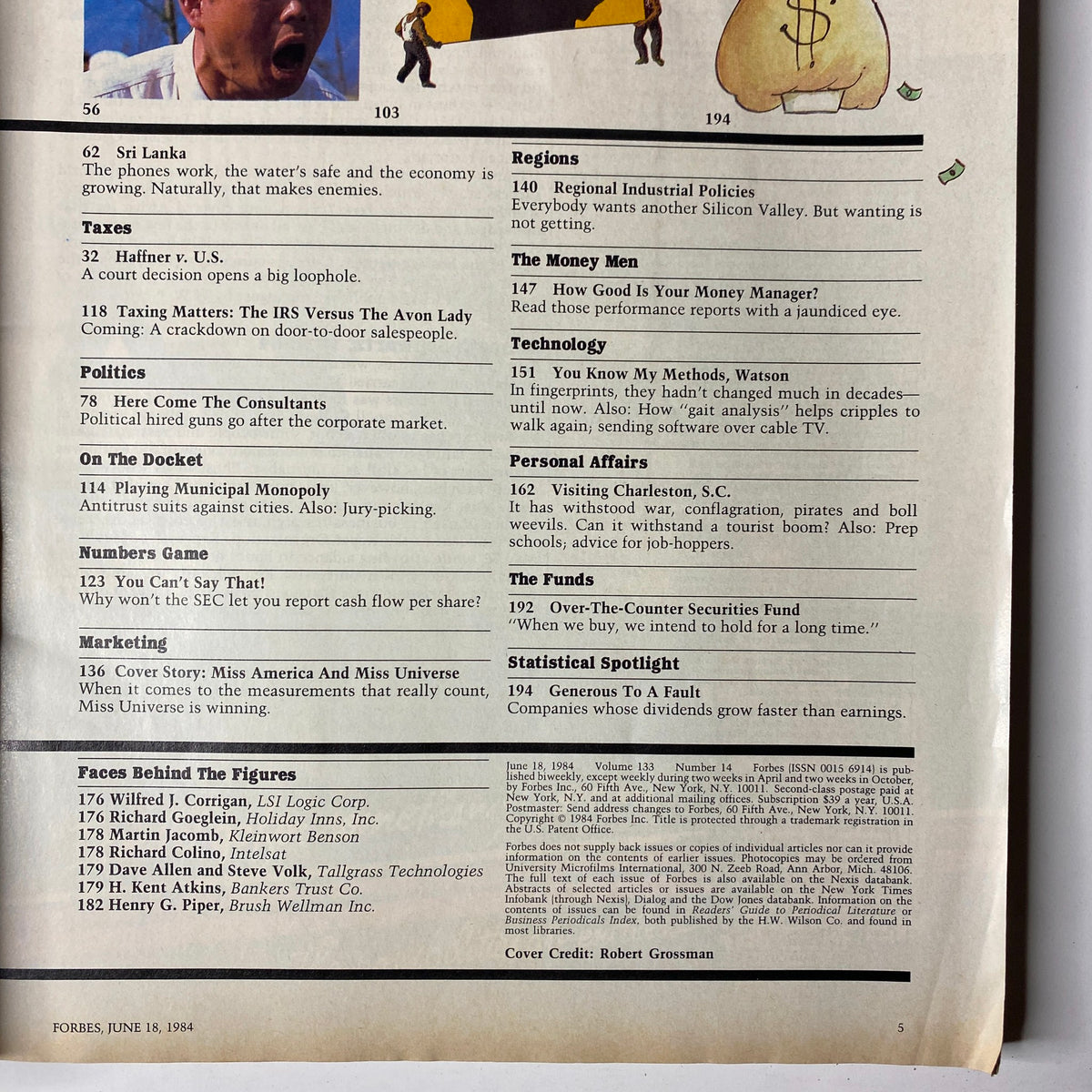 Page from Forbes Magazine June 18, 1984, detailing various articles and segments including marketing and business analysis.