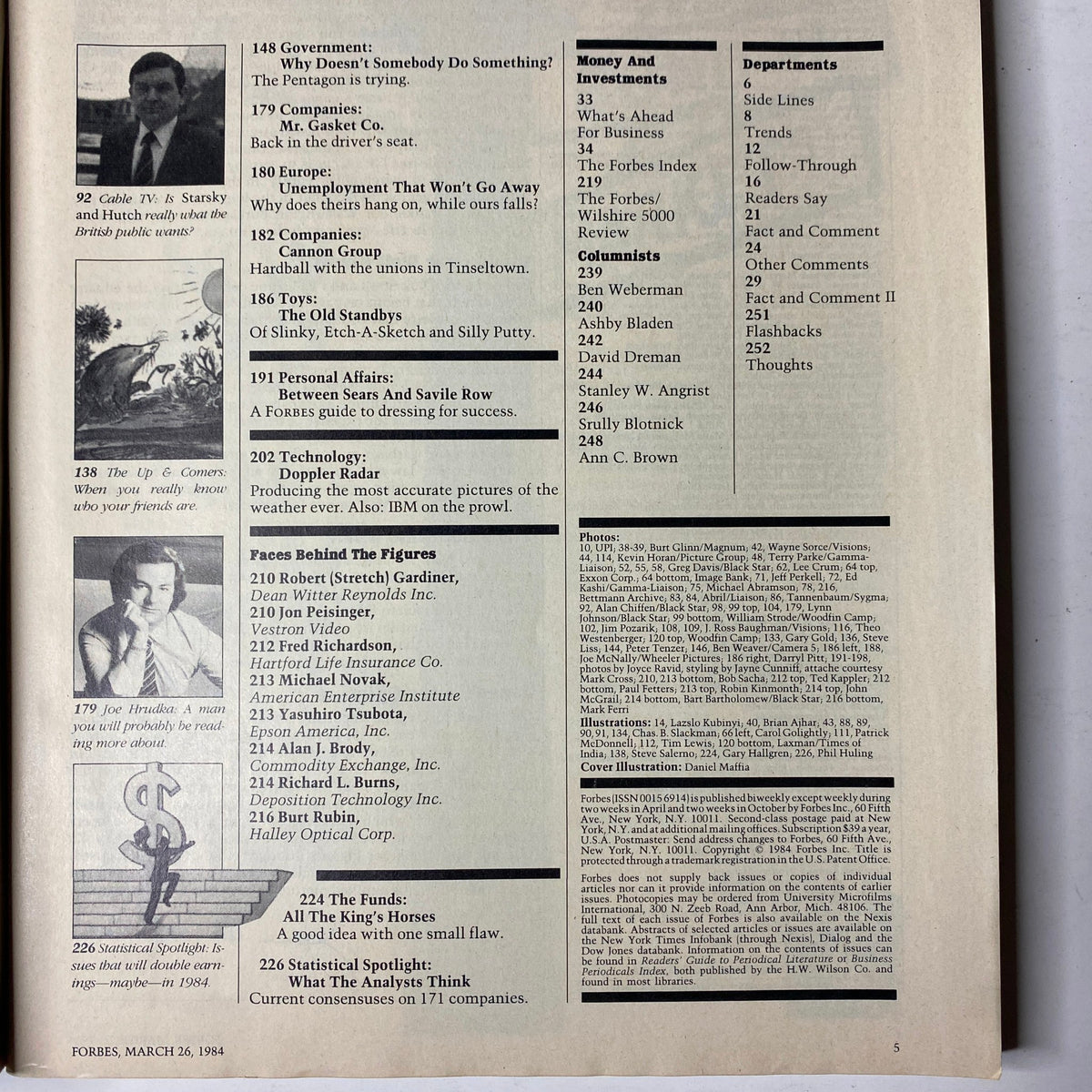 Contents page of Forbes Magazine, March 26, 1984, listing articles and features from influential companies during the era, showcasing the changing dynamics in corporate America.
