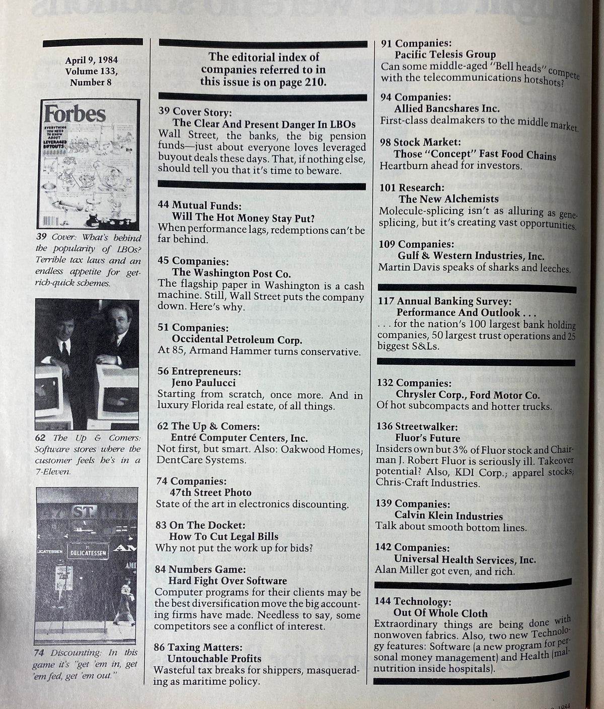Editorial index page from Forbes Magazine April 9, 1984, highlighting key articles including 'The Clear And Present Danger In LBOs' and company insights.