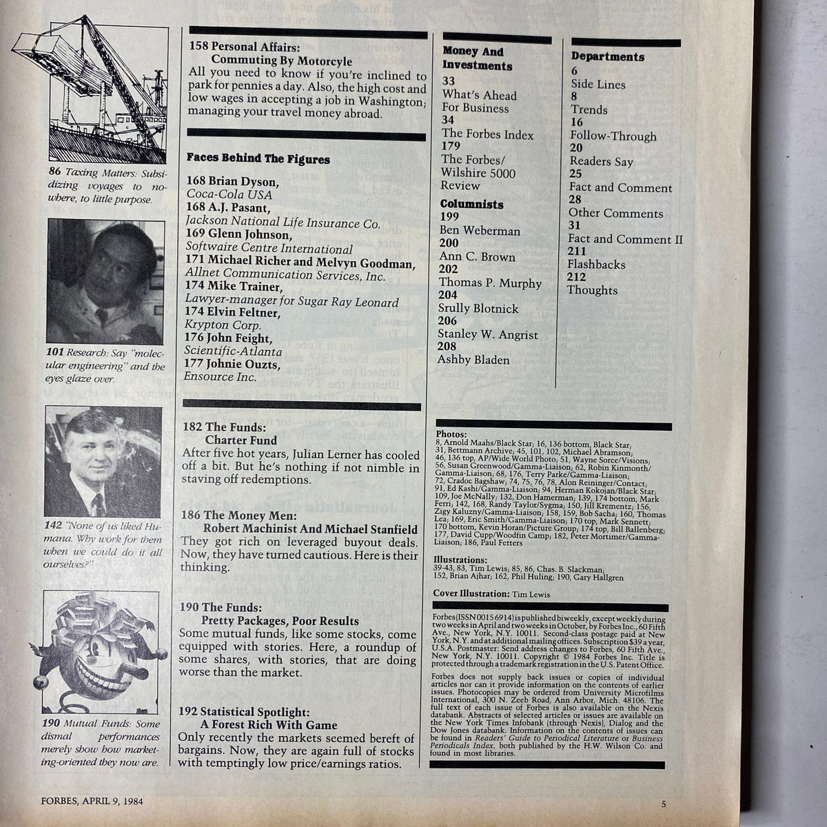 Table of contents from Forbes Magazine April 9, 1984, featuring articles on corporate finance, leveraged buyouts, and investment strategies.